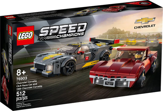 سيارة سباق شيفروليه كورفيت C8.R من مجموعة LEGO Speed ​​Champions 76903 وشيفروليه كورفيت 1968